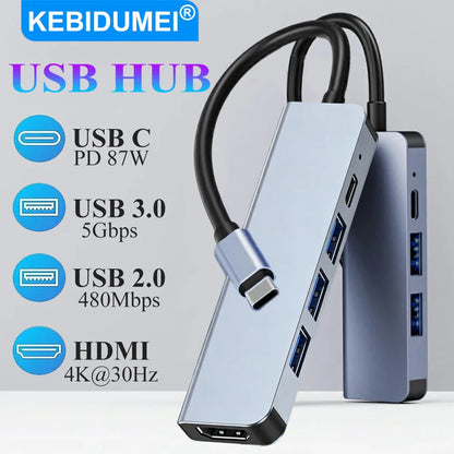 KEBIDUMEI 5 in 1 USB C Docking Station Type-C To HDMI-Compatibility HUB Multi port Splitter PD Charging USB Adapter For Laptop Pi-Mart