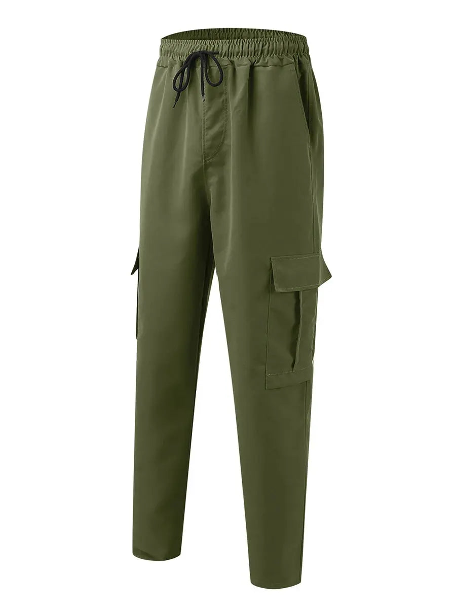 Men s Loose Cargo Long Pants Solid Color Drawstring Waist Straight Leg Trousers Casual Work Pants with Pockets NovaCart