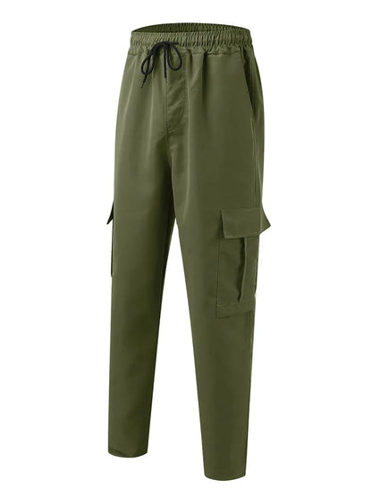 Men s Loose Cargo Long Pants Solid Color Drawstring Waist Straight Leg Trousers Casual Work Pants with Pockets NovaCart