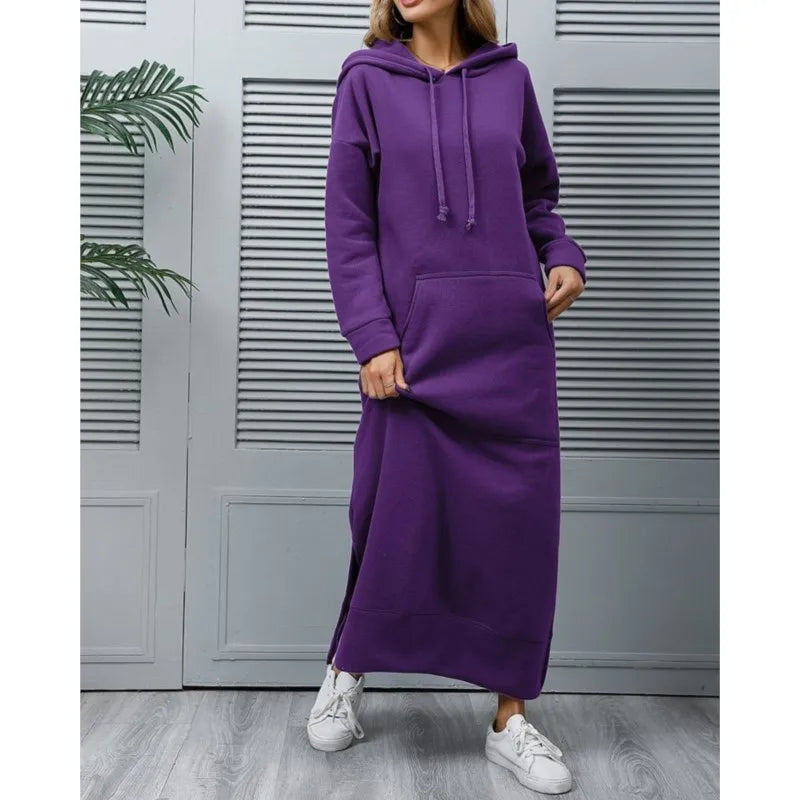 Hoodies Dress For Women Fashion 2025 Hem Lace-up Midi Robe Hooded Long Dress Autumn Winter Warm Casual Loose Sweatshirt Vestidos NovaCart