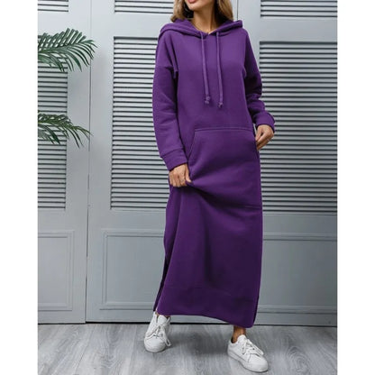 Hoodies Dress For Women Fashion 2025 Hem Lace-up Midi Robe Hooded Long Dress Autumn Winter Warm Casual Loose Sweatshirt Vestidos NovaCart