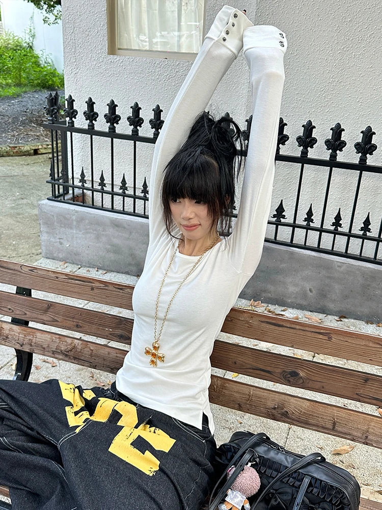 Tonngirls American Retro Print T-shirt Women Long Sleece Button Graphic Tops Y2k Tops 2000s Japanese Grunge Tops E-girls Autumn NovaCart