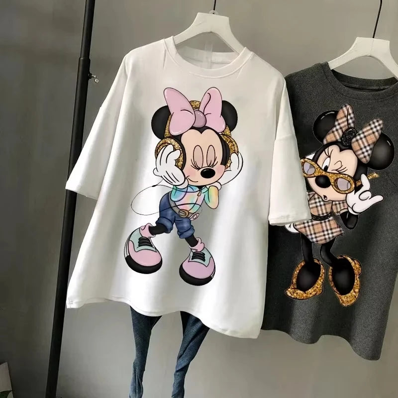 Disney New Minnie Kawaii Fun Women's Printed T-shirt Fashion Summer Cartoon Minnie Top Y2K Women's Extra Large Cotton T-shirt NovaCart
