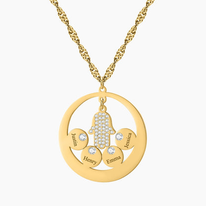 Round Family Name Necklace Hamsa Hand Stainless Steel Necklace Zircon Evil Eye Fatma's Hand