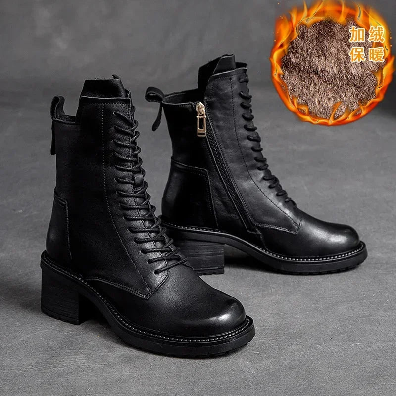 Birkuir Winter Plush Warm Boots Genuine Leather Women Snow Boots 6cm Thick Heel Shoes Handmade Side Zip Leisure Platform Boots NovaCart