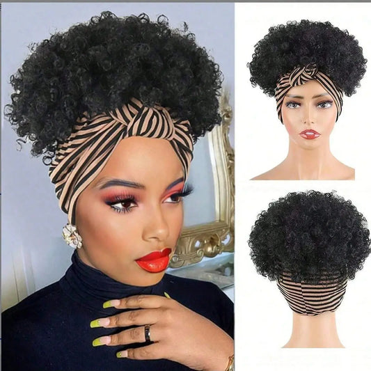 Black Headband Wigs For Women Afro Kinky Curly Wig With Synthetic Short Hair Wigs With Headband Attached Headwrap Wigs NovaCart