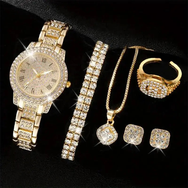 6PCS Women Watch Luxury Elegant Alloy Watch Crystal Wristwatch For Ladies Gift Quartz Watch Alloy Rhinestone Bracelet Montre NovaCart