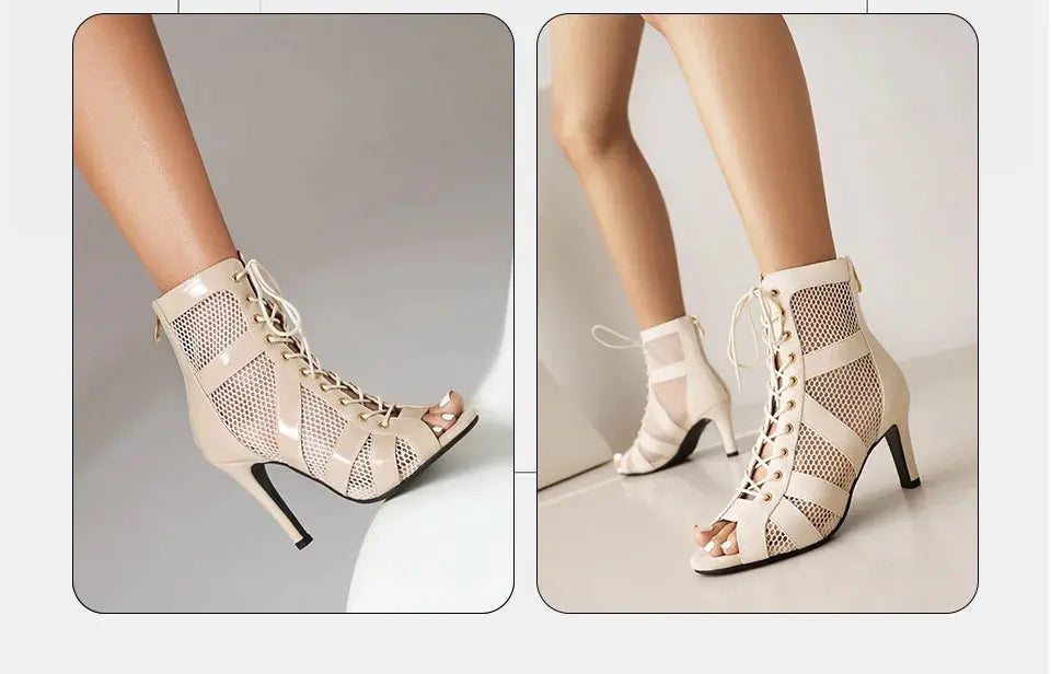 Women Latin Dance Shoes Black Boots High-Top High Heels Salsa Sandals Mesh Tango Boots Ladies Woman Party Ballroom Dance Shoes NovaCart