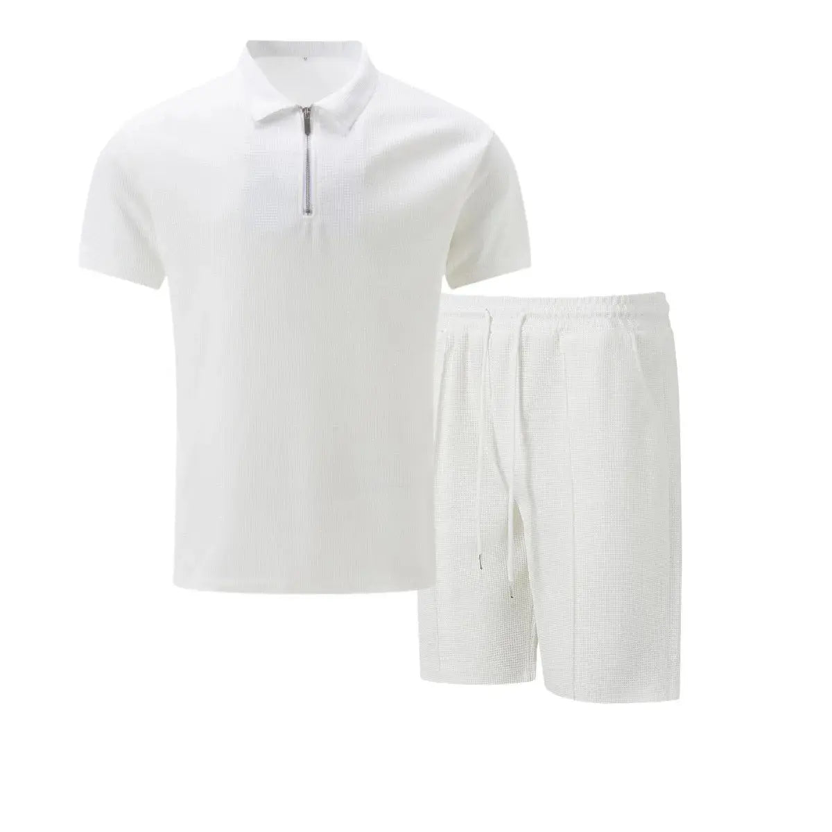 2025 Men Europe and the United States new summer Waffle solid color zip-up lapel short-sleeve suit shorts two sets NovaCart