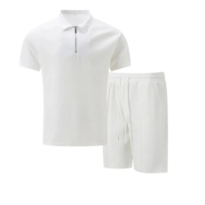 2025 Men Europe and the United States new summer Waffle solid color zip-up lapel short-sleeve suit shorts two sets NovaCart