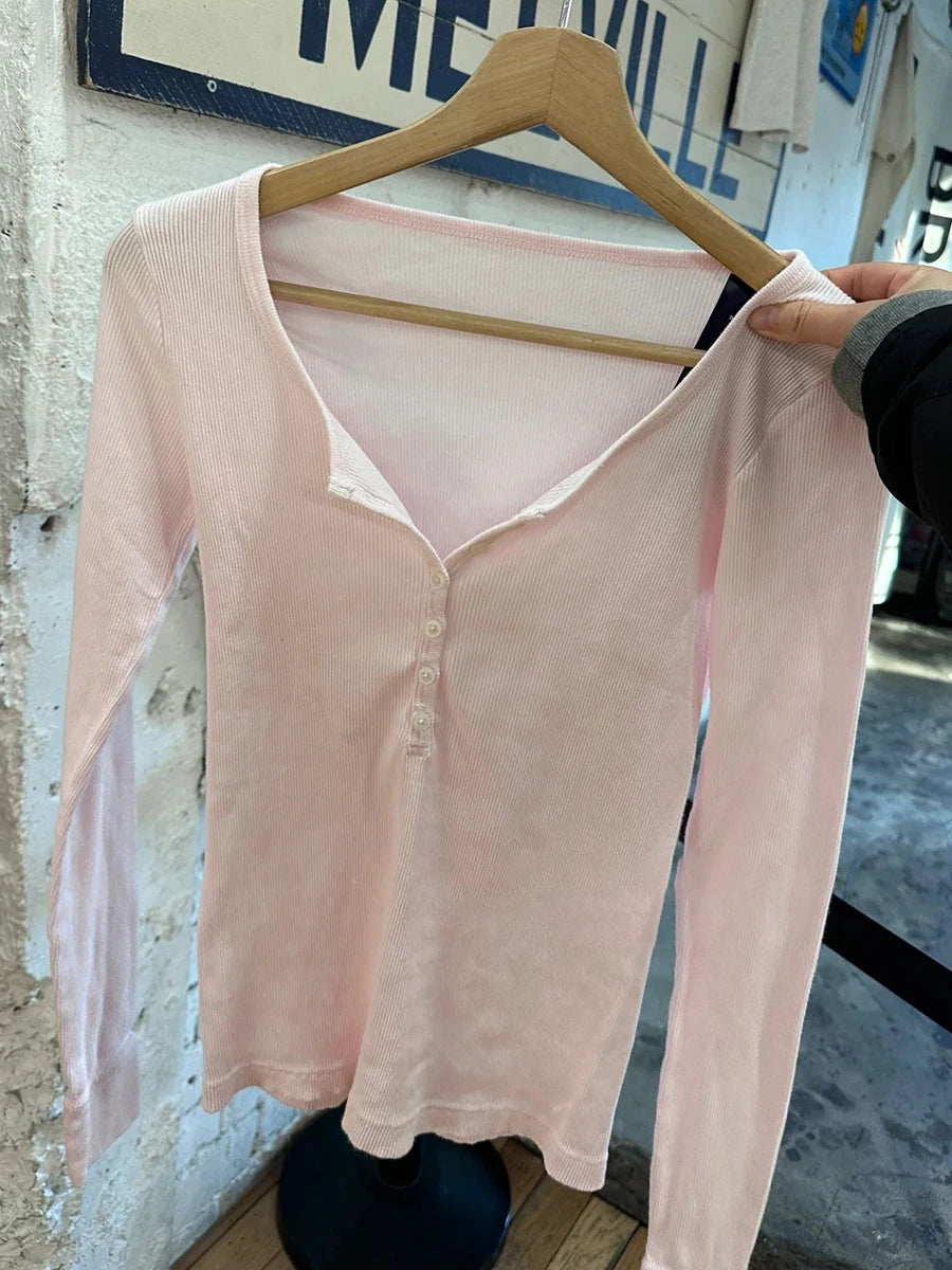 Six Buttons Ribbed Long Sleeve T-shirts Women Spring Round Neck Cotton Slim Tee Top Female Sweet Cute Pink Tshirt Y2k Tops New NovaCart