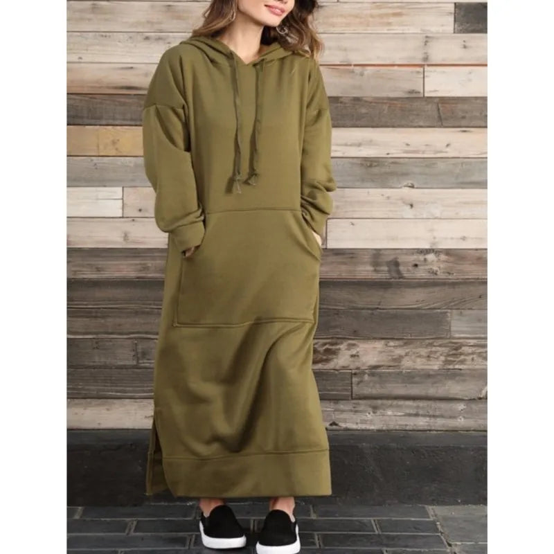 Hoodies Dress For Women Fashion 2025 Hem Lace-up Midi Robe Hooded Long Dress Autumn Winter Warm Casual Loose Sweatshirt Vestidos NovaCart