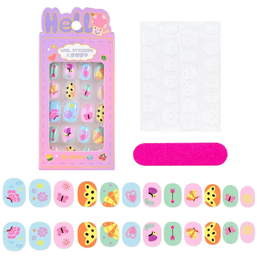 24Pcs/box Kids nails for Girl Cartoon Pattern False Nail Cute Child Fake Nails Tips Kawaii Acrylic Artificial Press on Nail+Tool NovaCart
