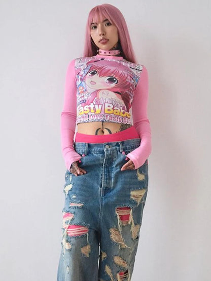 Deeptown Harajuku Kawaii Anime Graphic T Shirts Women Cutecore Cartoon Patchwork Tees Y2K Aesthetic Slim Crop Top Japanese 2000s NovaCart