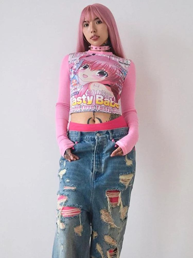 Deeptown Harajuku Kawaii Anime Graphic T Shirts Women Cutecore Cartoon Patchwork Tees Y2K Aesthetic Slim Crop Top Japanese 2000s NovaCart
