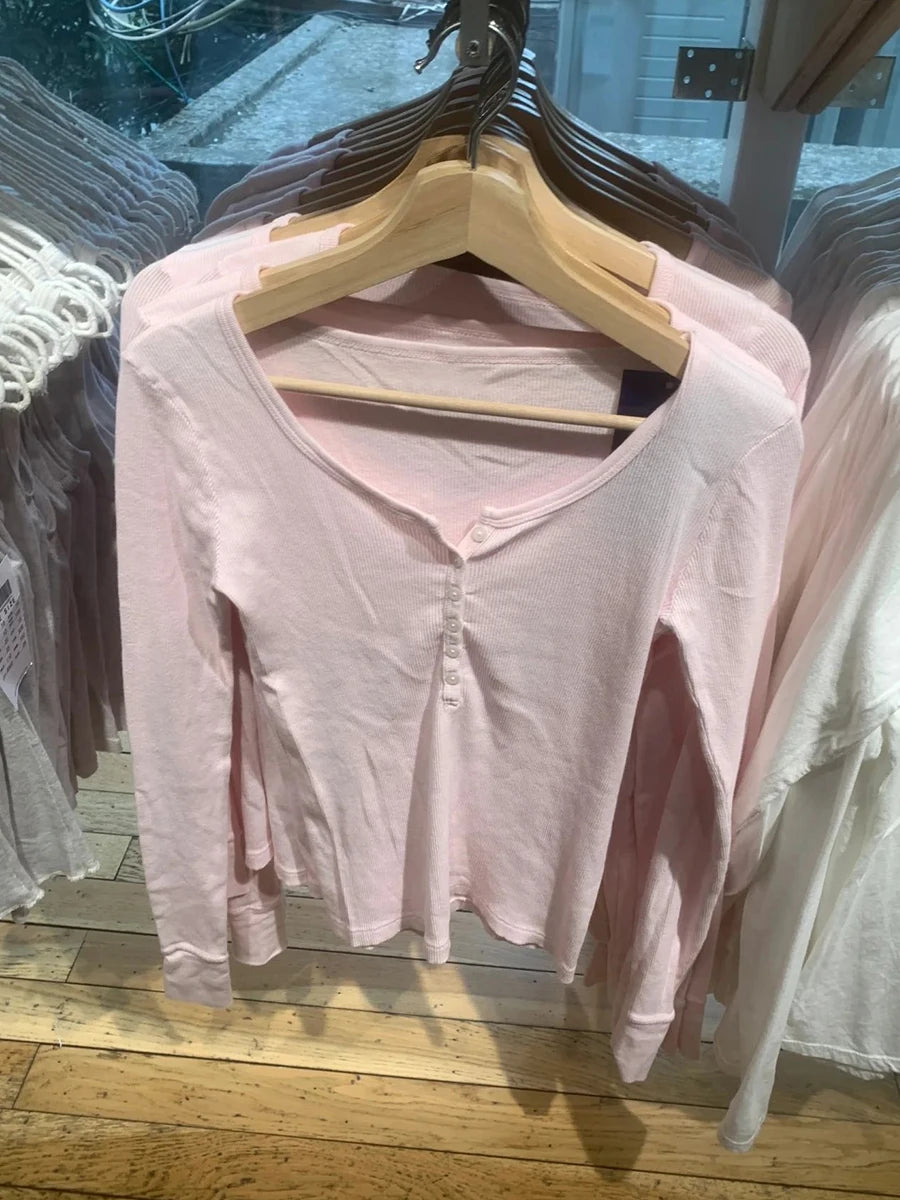 Six Buttons Ribbed Long Sleeve T-shirts Women Spring Round Neck Cotton Slim Tee Top Female Sweet Cute Pink Tshirt Y2k Tops New NovaCart