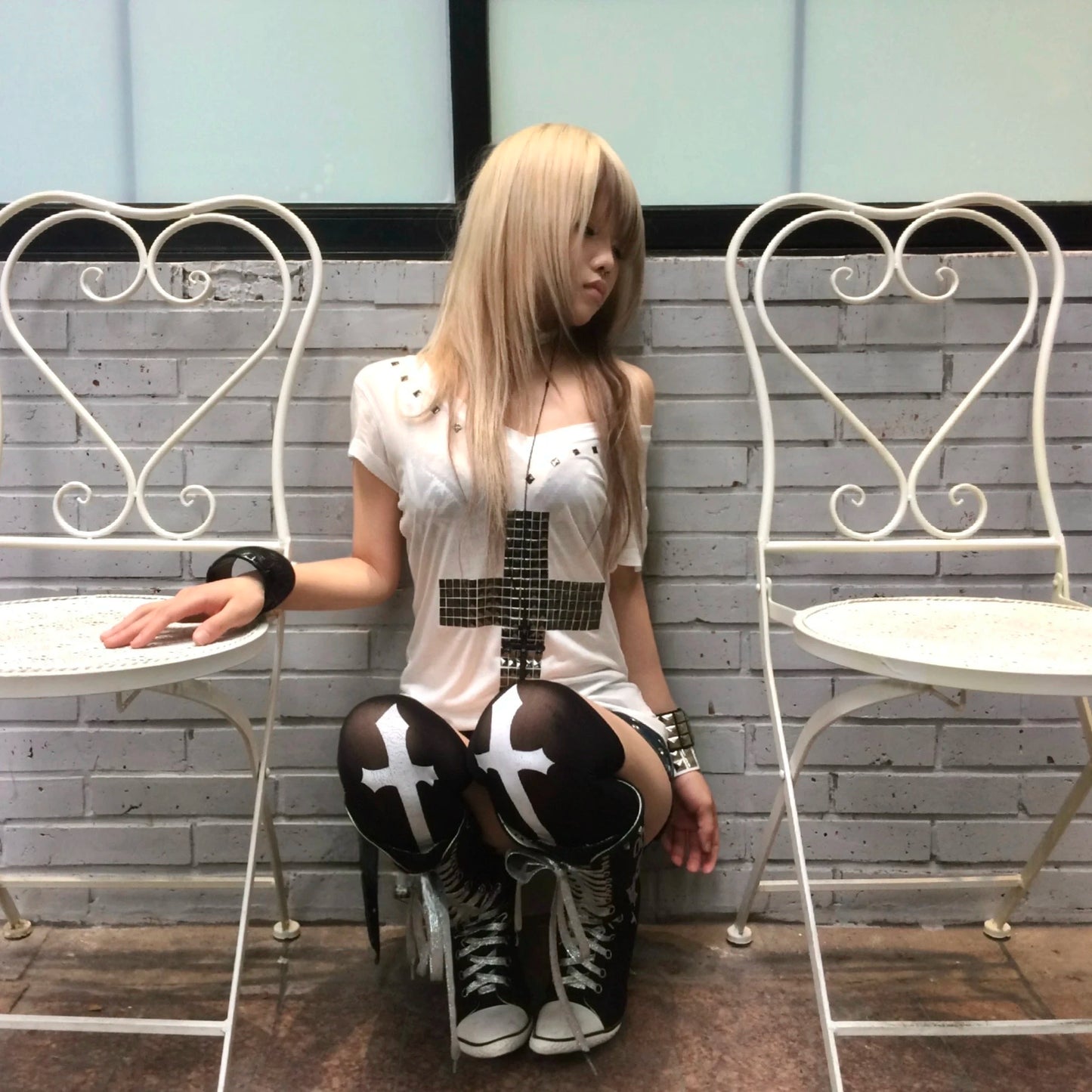 Karrram Japanese Y2k Metal Cross Print T-shirt Vintage Harajuku Short Sleeve Sheer Tops Trashy 2000s V-neck Streetwear Grunge NovaCart