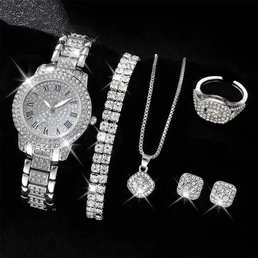 6PCS Women Watch Luxury Elegant Alloy Watch Crystal Wristwatch For Ladies Gift Quartz Watch Alloy Rhinestone Bracelet Montre NovaCart