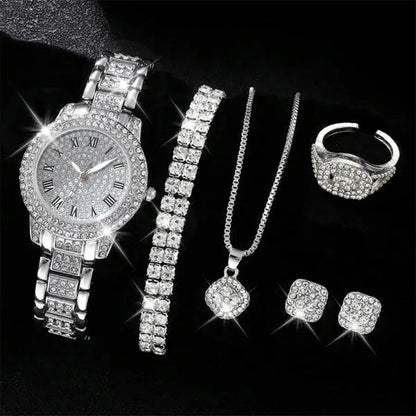 6PCS Women Watch Luxury Elegant Alloy Watch Crystal Wristwatch For Ladies Gift Quartz Watch Alloy Rhinestone Bracelet Montre NovaCart