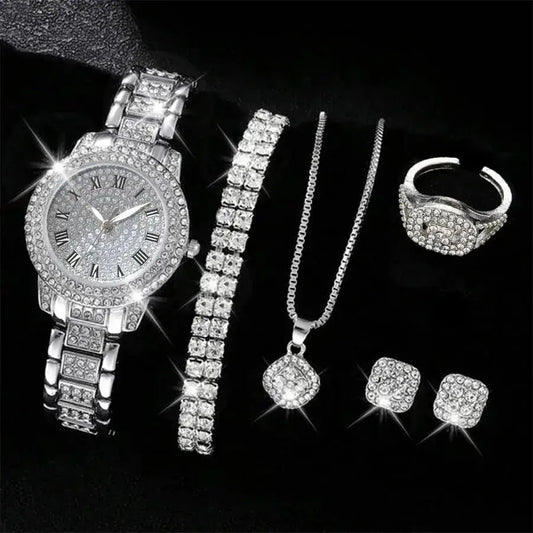 6PCS Women Watch Luxury Elegant Alloy Watch Crystal Wristwatch For Ladies Gift Quartz Watch Alloy Rhinestone Bracelet Montre NovaCart