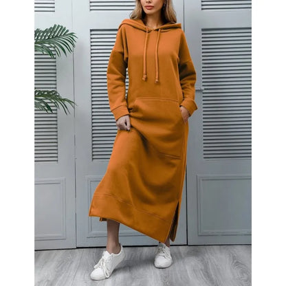 Hoodies Dress For Women Fashion 2025 Hem Lace-up Midi Robe Hooded Long Dress Autumn Winter Warm Casual Loose Sweatshirt Vestidos NovaCart
