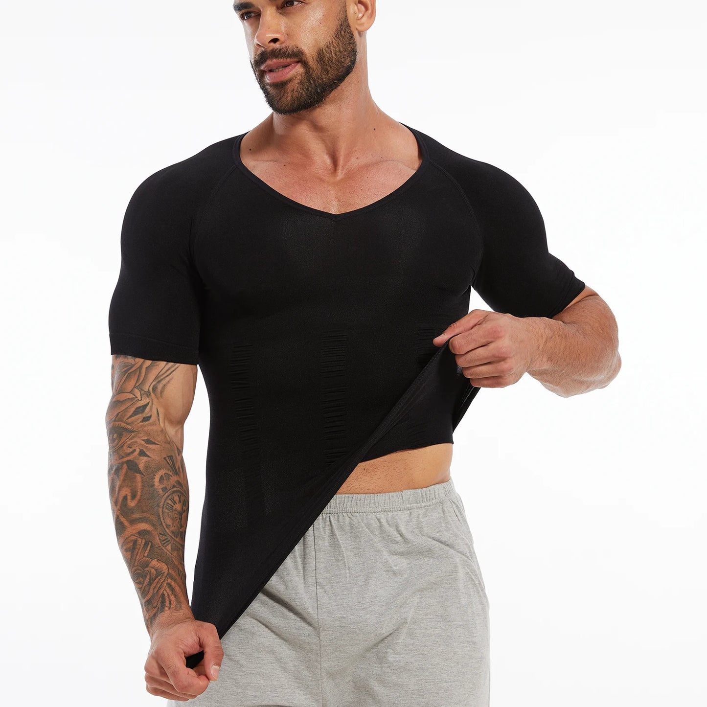 Men's Short Sleeve Compression T-Shirt V-neck Shapewear Tummy Control Flat Belly Tank Top Fitness Workout Slimming Body Shaper NovaCart