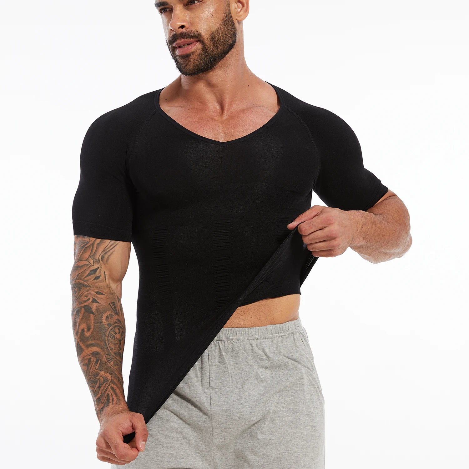 Men's Short Sleeve Compression T-Shirt V-neck Shapewear Tummy Control Flat Belly Tank Top Fitness Workout Slimming Body Shaper NovaCart