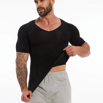 Men's Short Sleeve Compression T-Shirt V-neck Shapewear Tummy Control Flat Belly Tank Top Fitness Workout Slimming Body Shaper NovaCart
