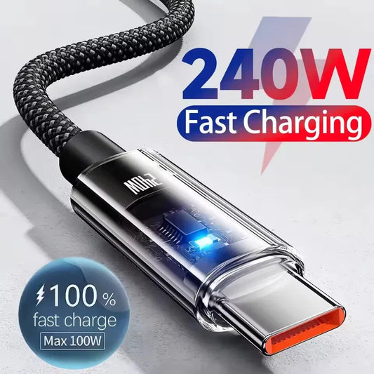 0.25/1/1.5/2M 240W Nylon USB C PD Super Fast Charging Data Cable With LED Display USB To Type C Quick Charge Data Cords New Pi-Mart
