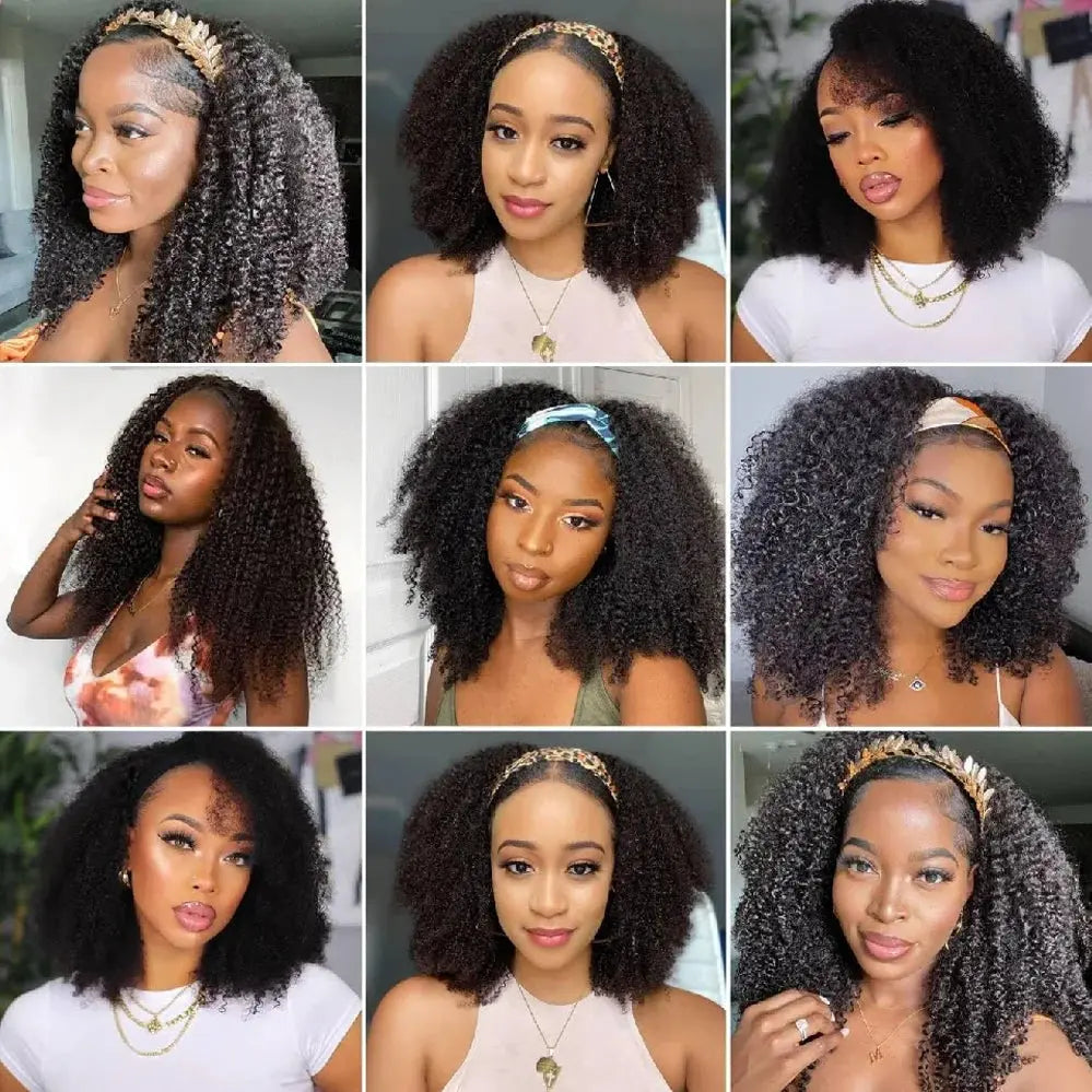16 Inch 3 IN 1 Half Wig With Drawstring Seamless Human hair Wigs Kinky Curly Headband Wig Upgrade for Women Summer Machine Wigs NovaCart