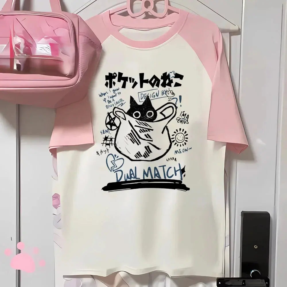 Aesthetics Japanese Grunge T-shirt Y2k Harajuku Anime Cartoon Cat Tops Tees Short Sleeve Women Kawaii Clothing Streetwear NovaCart