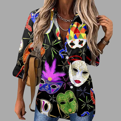 🎭 Mardi Gras Women's V-Neck Long Sleeve Carnival Print Shirt FitiqueFit