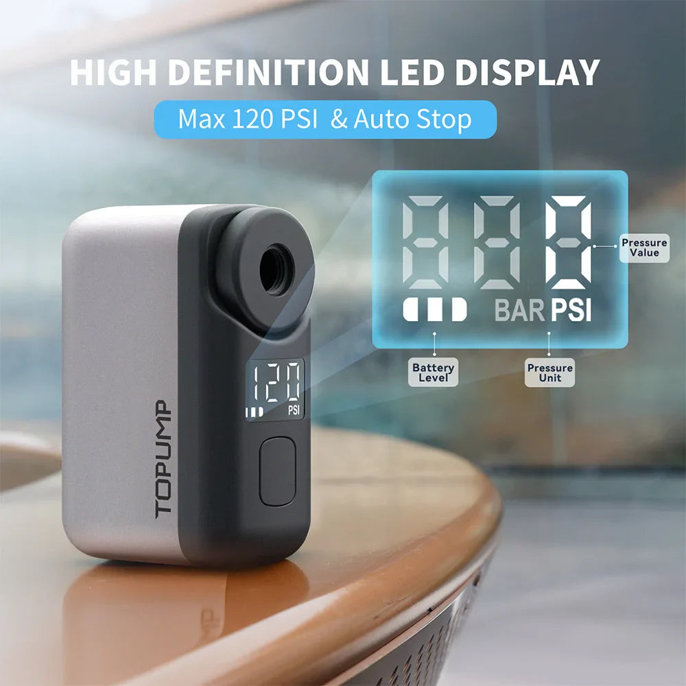 TOPUMP TB2 PRO Electric Mini Portable Pump for Bike Cordless Tire Inflator 120PSI Max 450mAh Battery with Display Fast Charging Pi-Mart