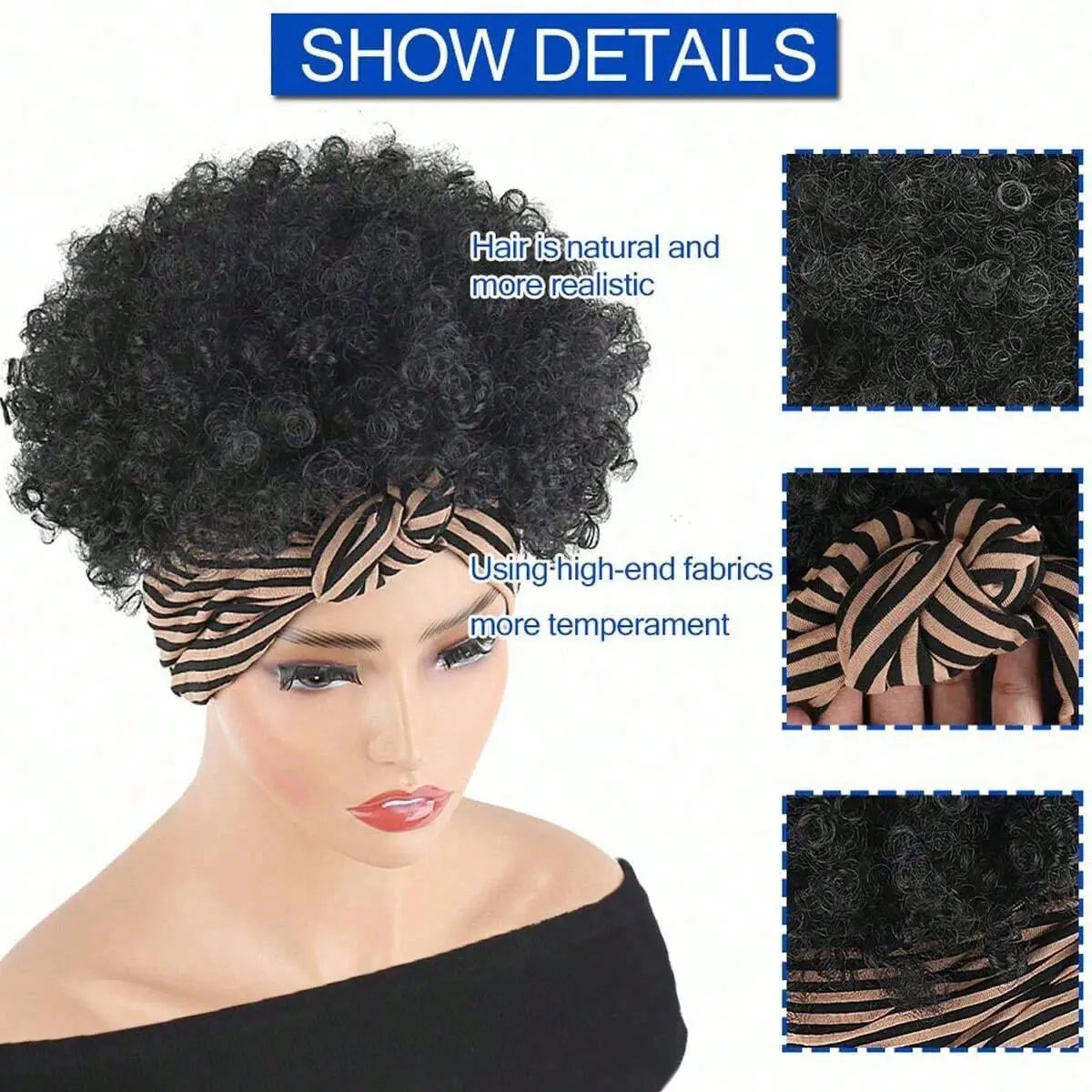 Black Headband Wigs For Women Afro Kinky Curly Wig With Synthetic Short Hair Wigs With Headband Attached Headwrap Wigs NovaCart