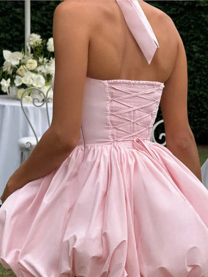Women’s Pink Corset Puffball-Hem Mini Dress FitiqueFit