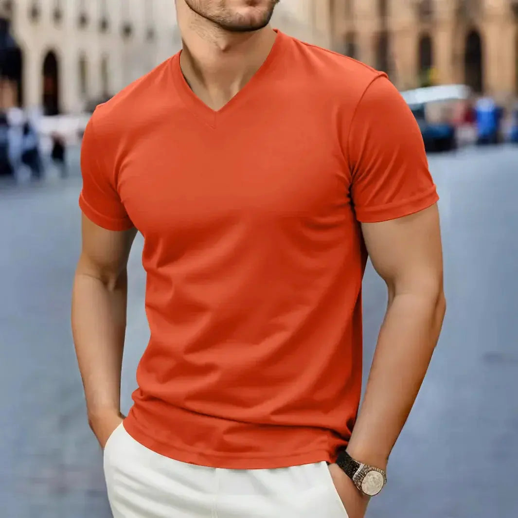 2025 New Men's Casual Fashion Simple V-neck Short Sleeved T-shirt Summer Comfortable Breathable Versatile Top NovaCart