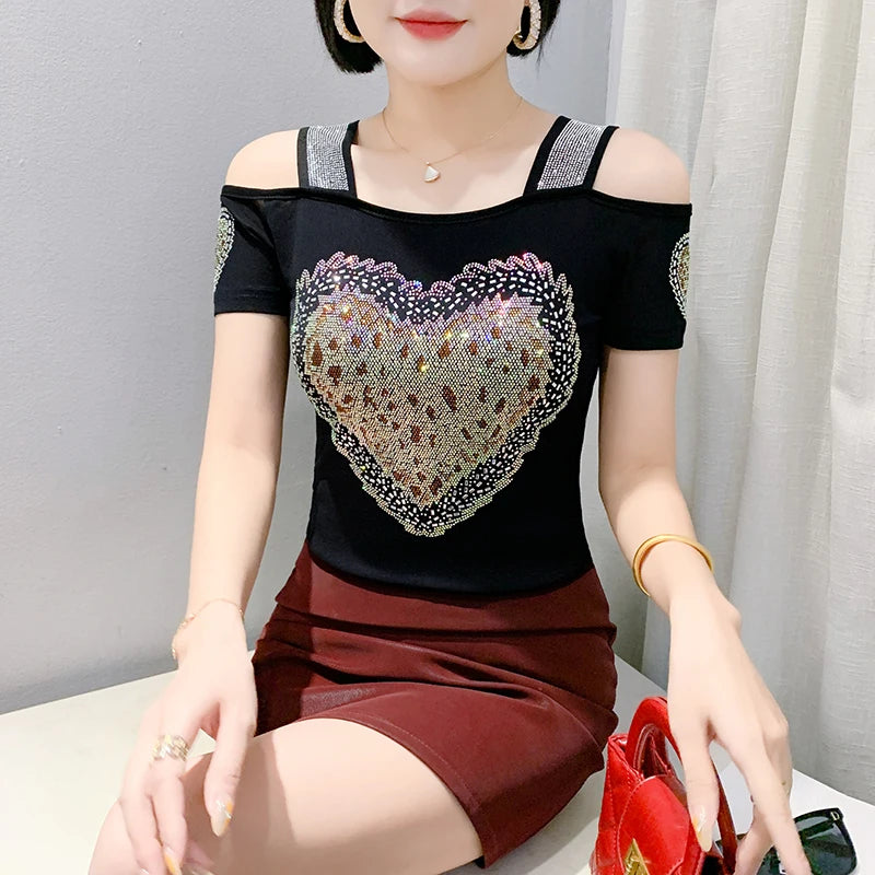 M-3XL Summer European Women's Clothes High Quality T-Shirt Luxury Hot Diamonds Design Slim Tees Sexy Girls Streetwear Tops NovaCart