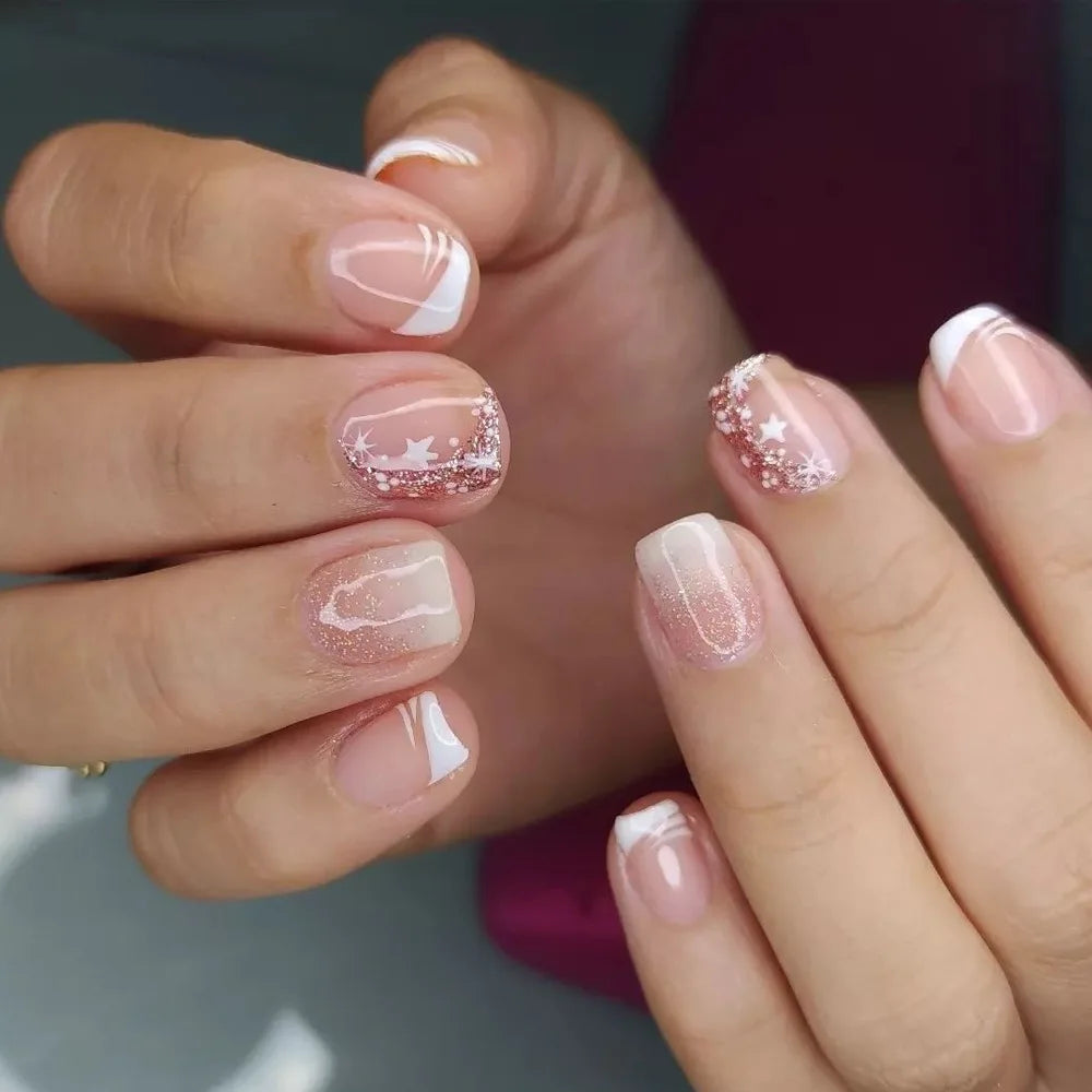 24Pcs Short Square Coffin False Nails Square Fake Nails with Glue French Glitter Wearable Acrylic Nails Set Press on Nail Tips NovaCart