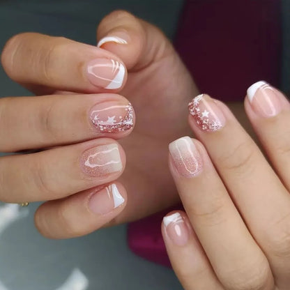 24Pcs Short Square Coffin False Nails Square Fake Nails with Glue French Glitter Wearable Acrylic Nails Set Press on Nail Tips NovaCart