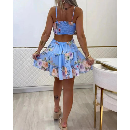Women's Floral Spaghetti Strap Mini Dress – Cold Shoulder Ruched FitiqueFit