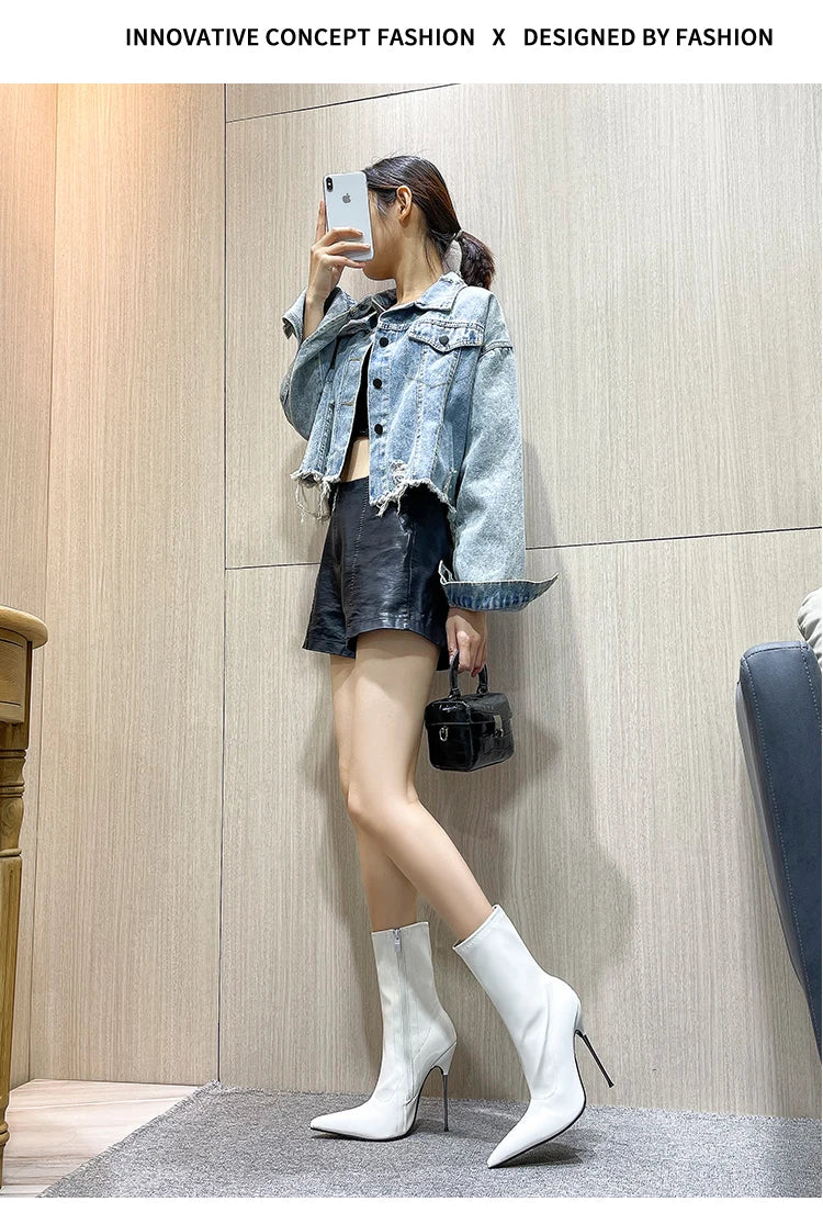 Knee-High Pointy Toe Women Boots 13cm Ultra Thin Steel High Heels Metal Heel Patent Leather Wide Calf Boots for Women Plus Size NovaCart