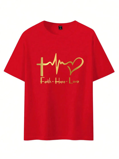 Men's Summer 100% Cotton Fashionable Casual Loose Large Size FAITH HOPE LOVE Printed Sports Round Neck Short Sleeve T-shirt Top NovaCart