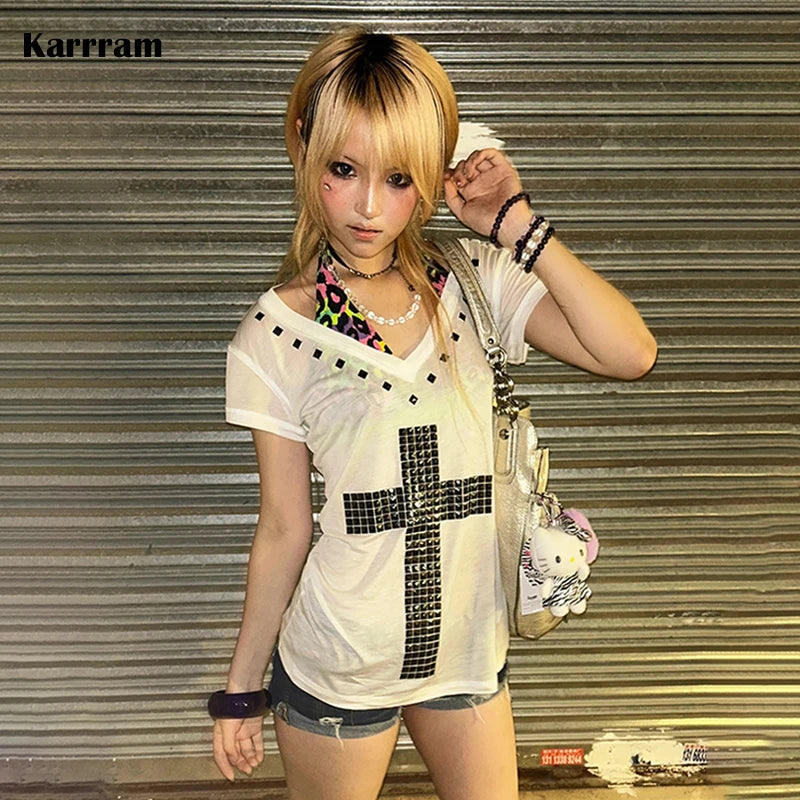 Karrram Japanese Y2k Metal Cross Print T-shirt Vintage Harajuku Short Sleeve Sheer Tops Trashy 2000s V-neck Streetwear Grunge NovaCart
