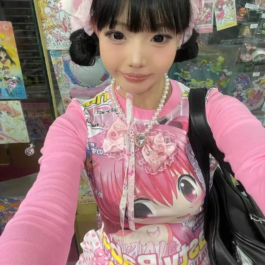 Deeptown Harajuku Kawaii Anime Graphic T Shirts Women Cutecore Cartoon Patchwork Tees Y2K Aesthetic Slim Crop Top Japanese 2000s NovaCart
