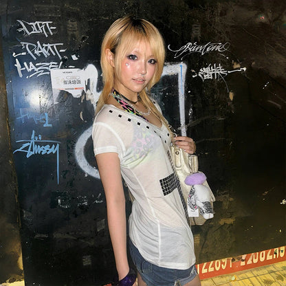 Karrram Japanese Y2k Metal Cross Print T-shirt Vintage Harajuku Short Sleeve Sheer Tops Trashy 2000s V-neck Streetwear Grunge NovaCart