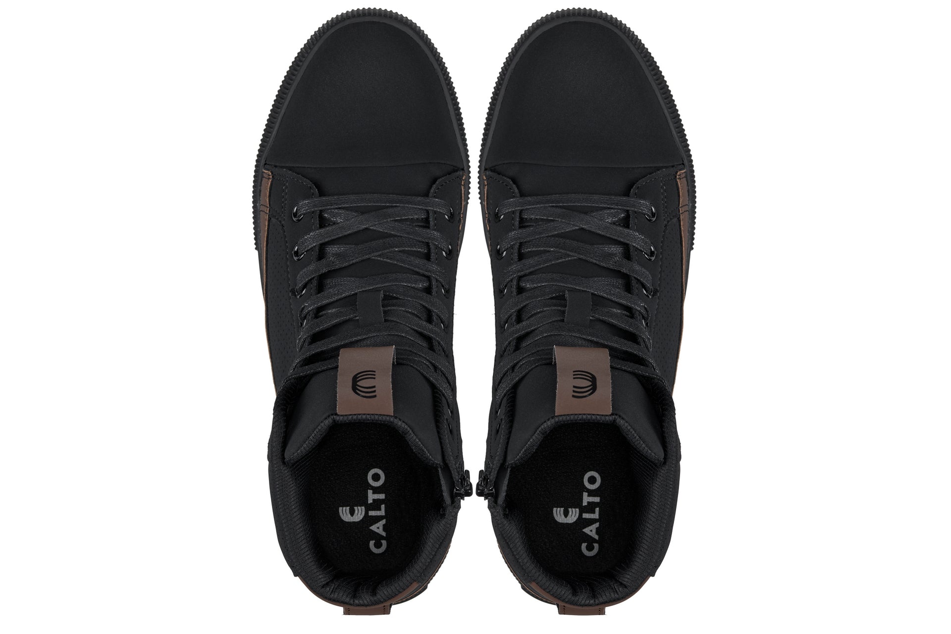 CALTO - S3422 - 2.4 Inches Taller (Black/Coffee Brown) - Cap Toe High Top Zip-Up Sneaker Boots Tallmenshoes.com
