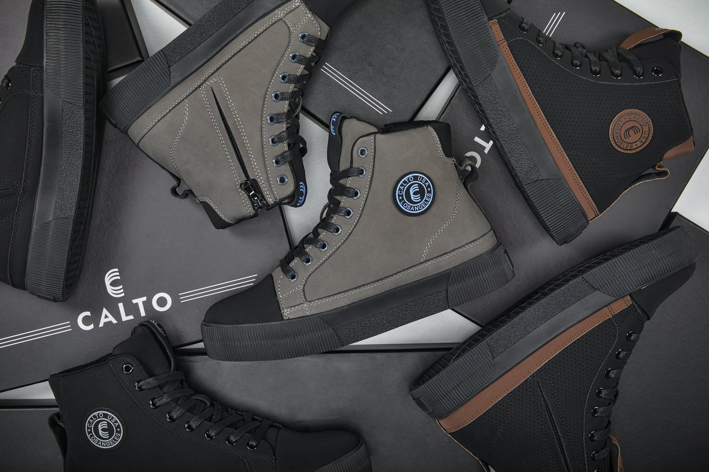 CALTO - S3422 - 2.4 Inches Taller (Black/Coffee Brown) - Cap Toe High Top Zip-Up Sneaker Boots Tallmenshoes.com