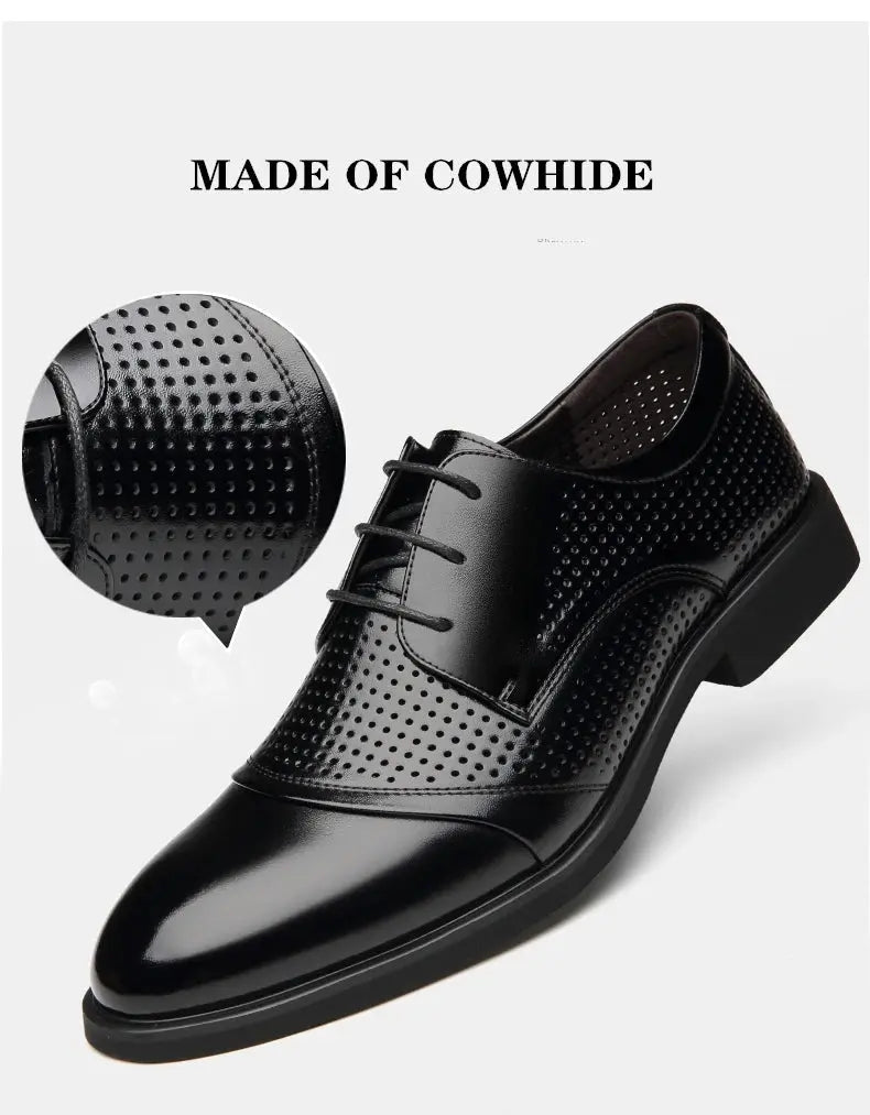 Flat / 6CM Genuine Leather Men Formal Elevator Shoes Wedding Business Height Increase Lift Shoes Invisible Summer Hollow Wedding NovaCart