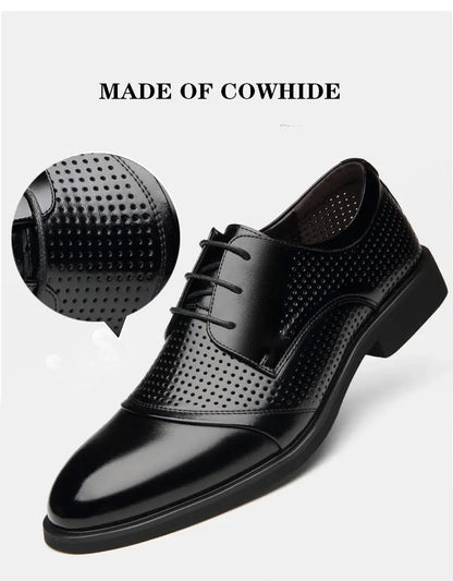 Flat / 6CM Genuine Leather Men Formal Elevator Shoes Wedding Business Height Increase Lift Shoes Invisible Summer Hollow Wedding NovaCart