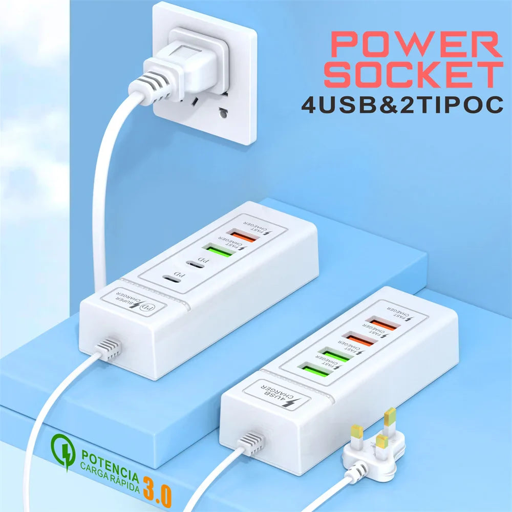 Multi Ports USB C Charger Power Strip PD Type C Fast Charging Wall Charger Socket Quick Charge 3.0 EU/US/UK Plug Power Adapter Pi-Mart